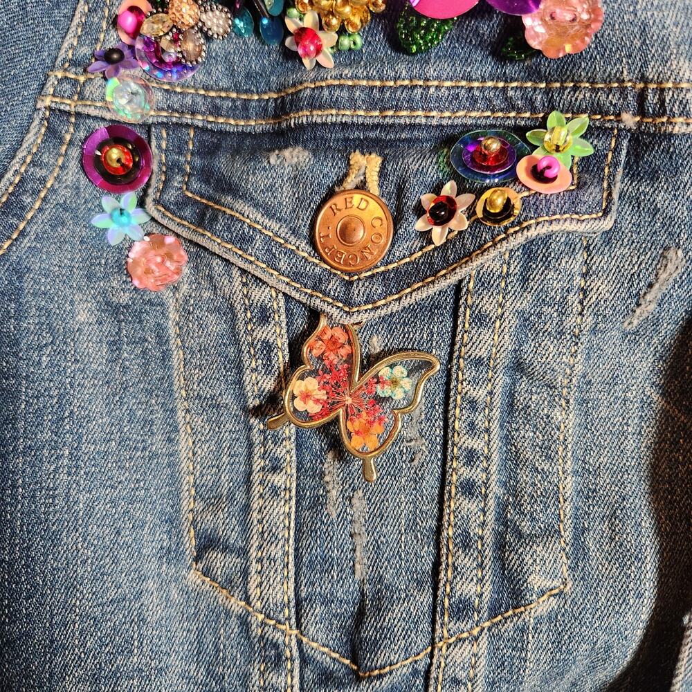 CUSTOM Butterfly in Bloom Sequin Denim Jacket, Size Small - Picture 13 of 13